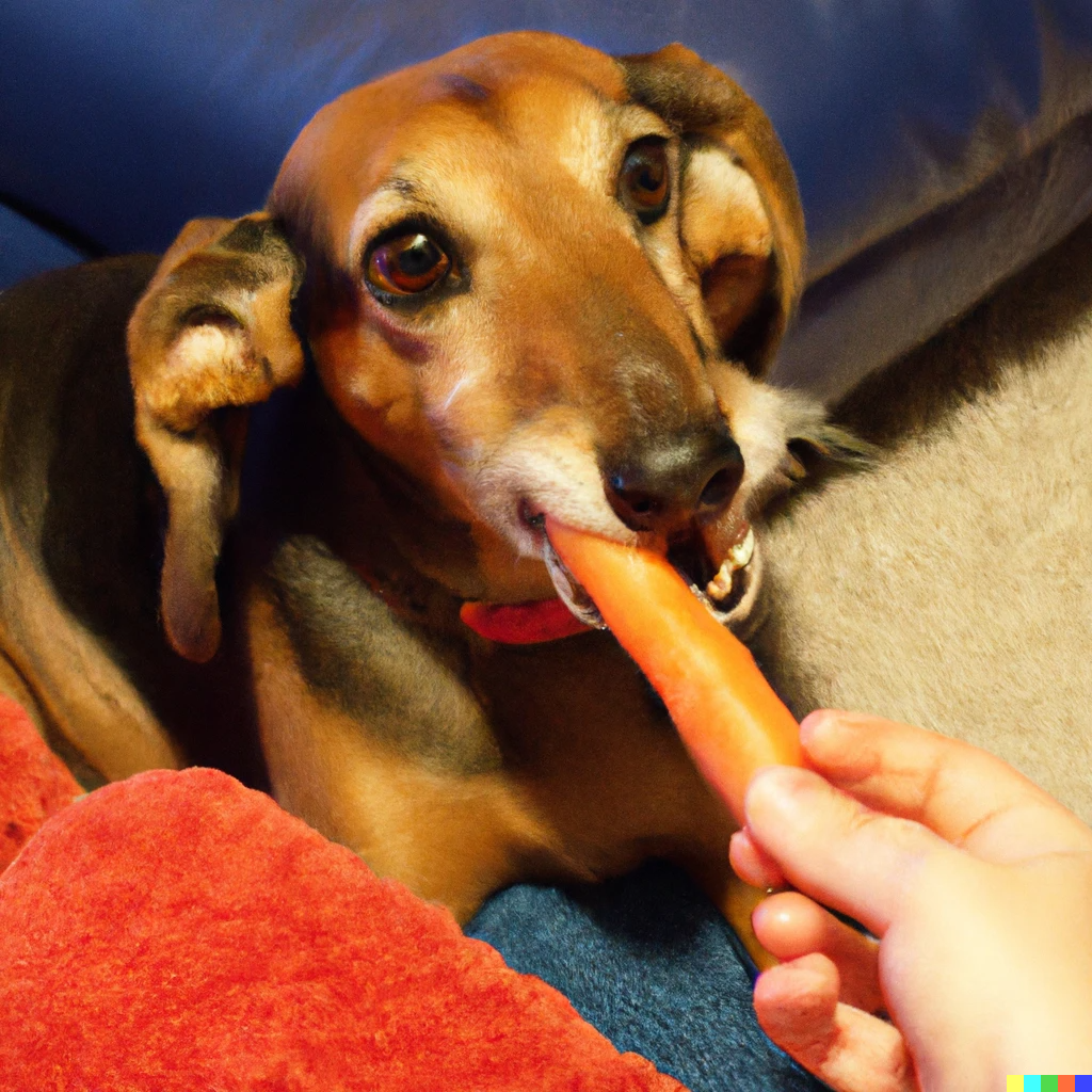 small dog eating carrots